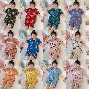 Ice silk pajamas set short sleeve